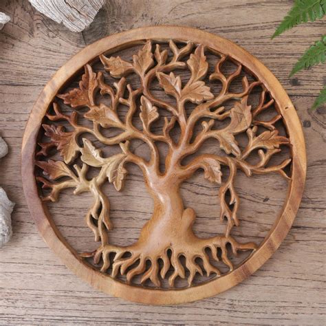 Hand Carved Suar Wood Tree Relief Panel From Bali Giant Tree Novica