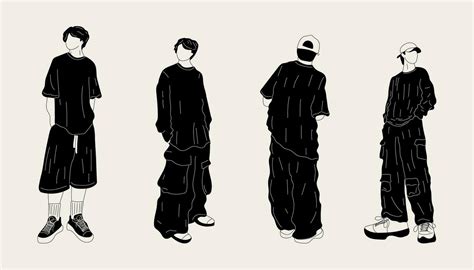 Set Of Four Black And White Street Fashion Men Vector Illustration