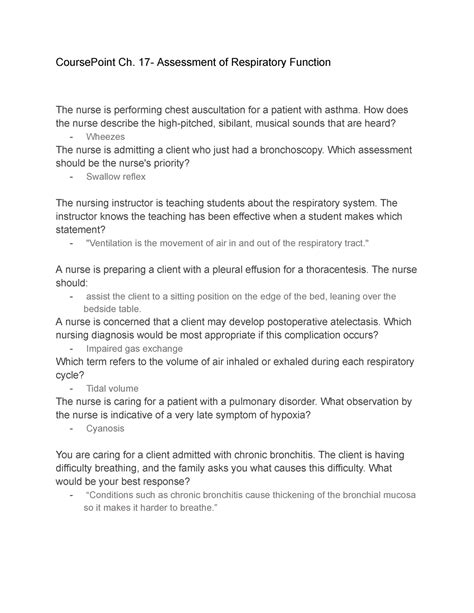 Course Point Ch 17 Coursepoint Ch 17 Assessment Of Respiratory