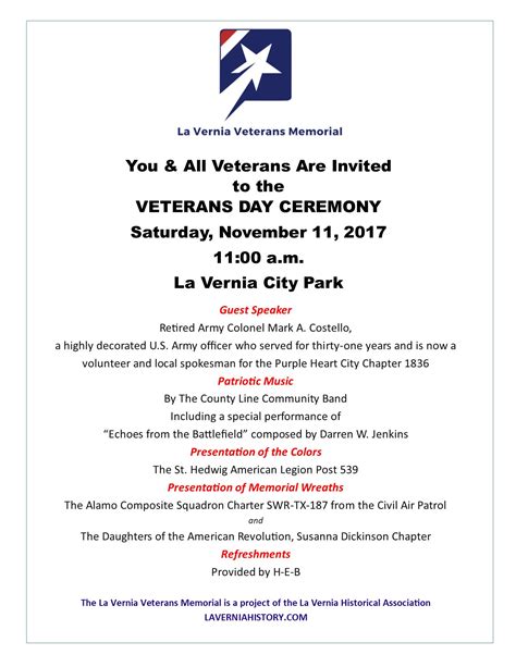 Invitation To Veterans Day Ceremony Nov 11 2017 La Vernia