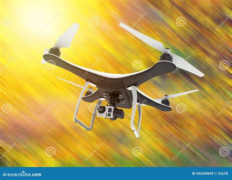 Drone With Digital Camera Flying On A Yellow Background Stock