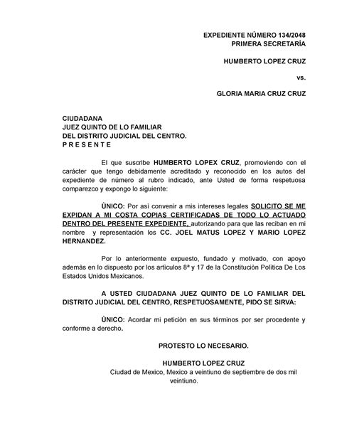 Solicitud Copia Certificada Ante Juzgado Civil Expediente NÚmero 134 Primera SecretarÍa