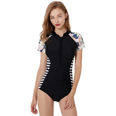 Short Sleeves Rash Guard Women Surf Swimwear Floral Leaf One Piece Swimsuit For Diving Swimming