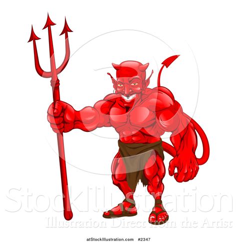 Vector Illustration Of A Strong Red Devil Standing With A Pitchfork By