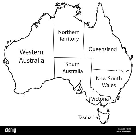 un mapa de australia esbozando los territorios aislados en un fondo blanco fotografía de stock