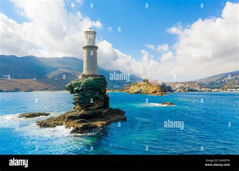 The Beautiful Lighthouse Tourlitis Of Chora At Night Andros Island