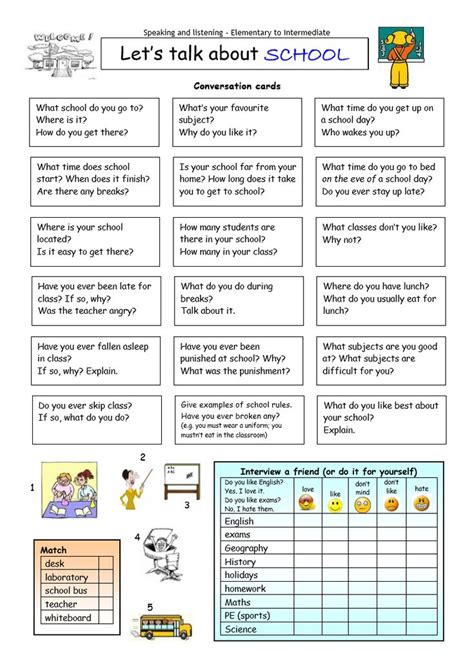 Conversation Startersschool Conversation Cards English Lessons School Worksheet
