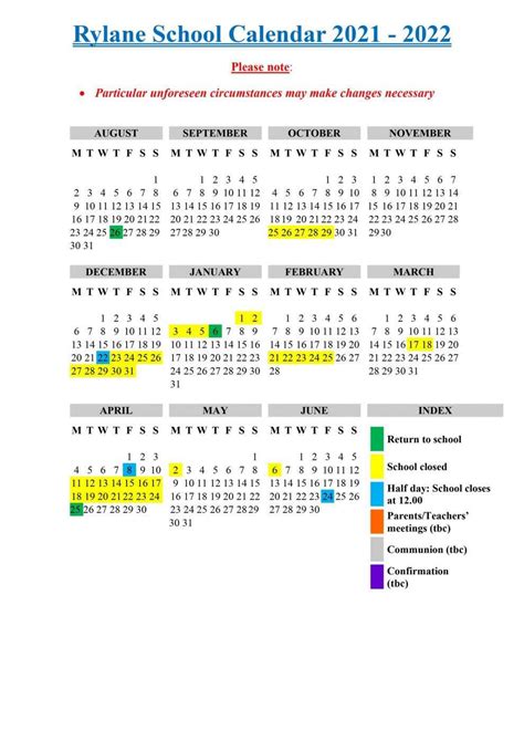 School Calendar 2021 2022 Rylane National School