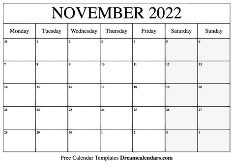 Calendar November 2022 Printable Calendar 2022