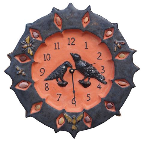 Ravens Ceramic Wall Clock In Terracotta And Metal Glaze By Beth Sherman