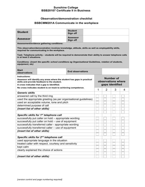 Bsbcmm201a Observationdemonstration Checklist Sheet Sample