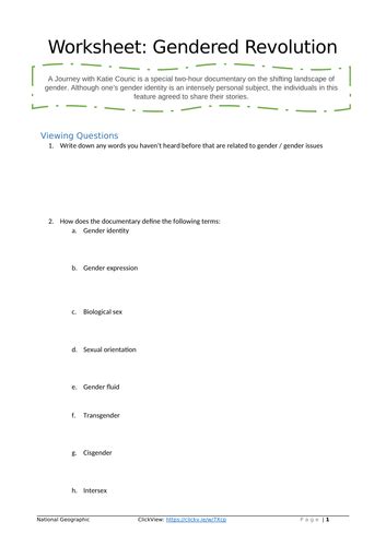 Social And Community Studies Gender And Identity Worksheet For