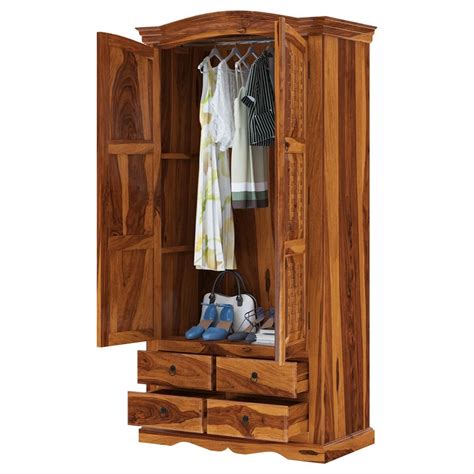 Modern wardrobe adds additional closet space to any room, holding hanging clothes and adding enclosed floor level storage space. Crawford Handcrafted Solid Wood 4 Drawer Tall Armoire Closet