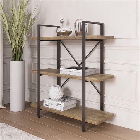 Buy Belleze 3 Tier Modern Rustic Industrial Bookshelf Hazel Rustic