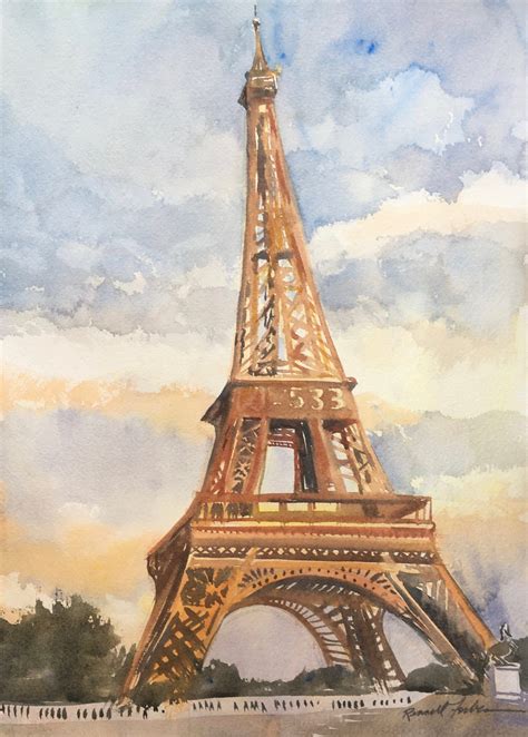 Eiffel Tower Original Watercolor Paris France Sunset Orange Etsy In