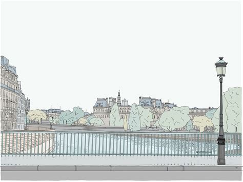 Paris Landscape Cityscape Drawing For A Background Bridge Etsy