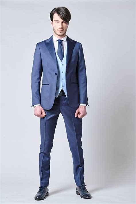 Angelico Blue Suit With Waistcoat And Tie Slim Suits For Man Made Of
