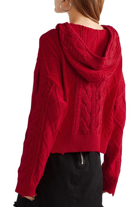 Rta Distressed Metallic Cable Knit Cotton Hooded Sweater Red Lyst