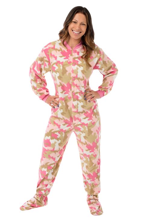 Pink Camouflage Fleece Adult Footed Pajamas Big Feet