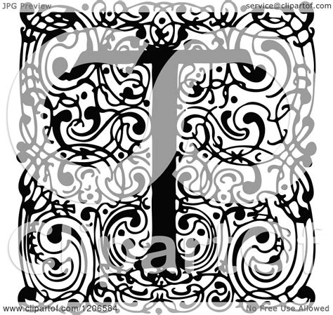 Clipart Of A Vintage Black And White Monogram T Letter Over Swirls