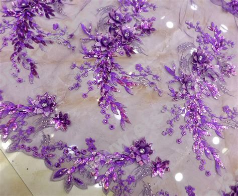 Purple 3d Flowers Beaded Sequins Lace Fabric For Wedding Dress Etsy