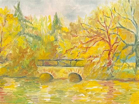 French Impressionist Golden Color Lake Landscape Beautiful French