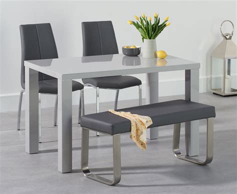 Every table is unique, with varying grain pattern and natural color shifts that are part of the charm of wood. Light grey gloss dining table with bench & 2 chairs - Homegenies
