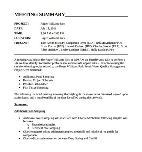 Free 11 Sample Meeting Summary Templates In Pdf Ms Word