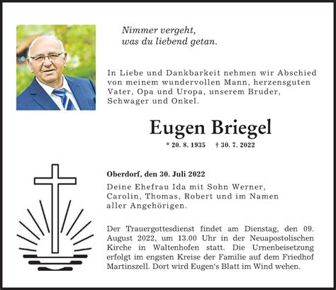 Traueranzeigen Von Eugen Briegel Augsburger Allgemeine Zeitung