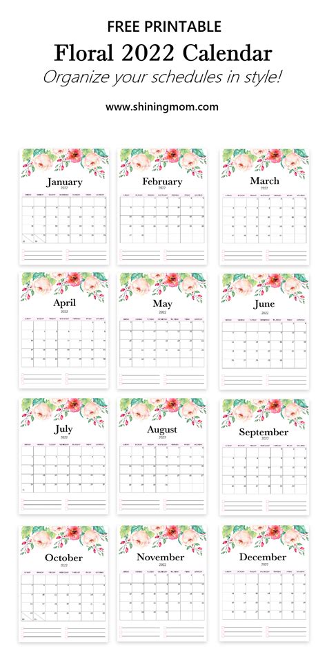 Free Printable Pdf Calendar 2022 In Gorgeous Florals Free Printable