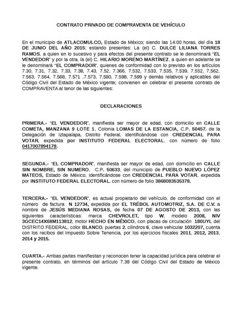 Contrato Privado De Compraventa De VehÍculo Apuntes De Derecho Civil