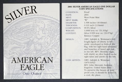 American eagle flyers have a chance to save on airfares! 2001-W Silver American Eagle Proof Certificate of Authenticity