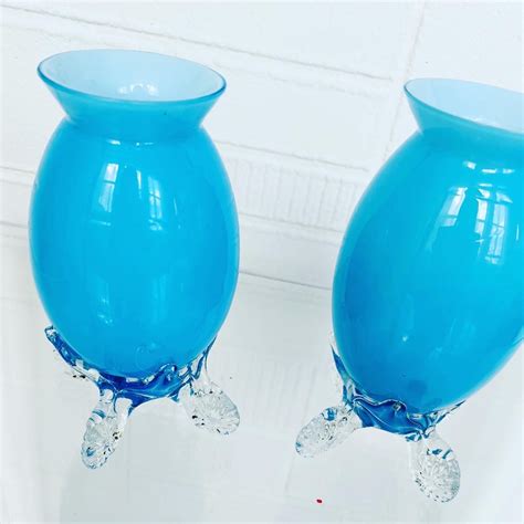 Vintage 1960s Turquoise Glass Vases Etsy