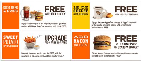 When you're finished printing coupons.com coupons, access all other free food. A&W Canada Printable Coupons: FREE Root Beer & Fries with ...