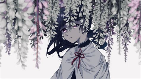 Demon Slayer Kanao Tsuyuri With Pink Eyes Standing Under Flowers Hd