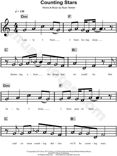 Onerepublic Counting Stars Sheet Music For Beginners In A Minor