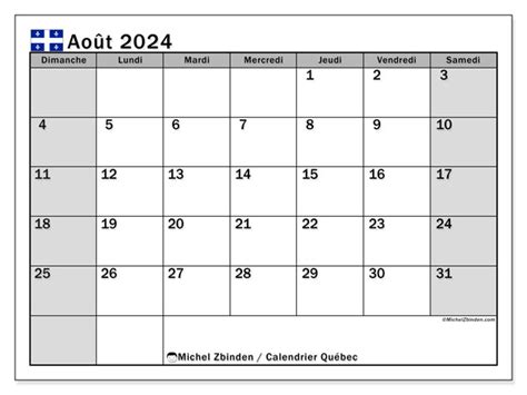 Calendrier Août 2024 Québec Michel Zbinden Fr