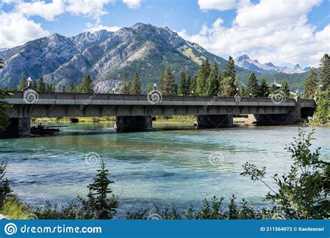 Banff Avenue Bridge Over The Bow River In Summer Sunny Day Banff