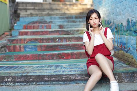 Wallpaper Asian Brunette Portrait T Shirt Overalls Stairs Sitting Women Outdoors Model
