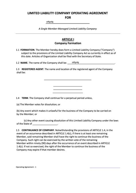 Fillable Limited Liability Company Operating Agreement Template