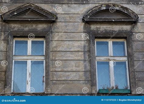 Two Vintage Front Glass Windows Of An Old House Stock Image Image Of
