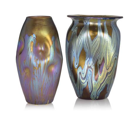 Two Loetz Iridescent Dimpled Glass Vases Circa 1900 Vase With Everted Neck Engraved Loetz