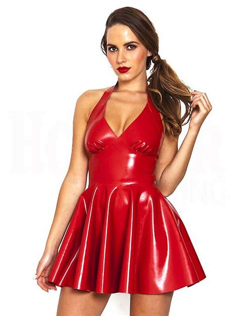 Sexy Halter Shiny Red Pvc Leather Dress Faux Leather Pleated Latex Mini Dress Zipper Bodycon