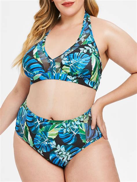 Swimwear Light Sea Green X Plus Size Tropical Leaf Print Bikini