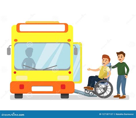 Disabled In Wheelchair Nurse Helping To Climb Ramp In Bus Stock Image