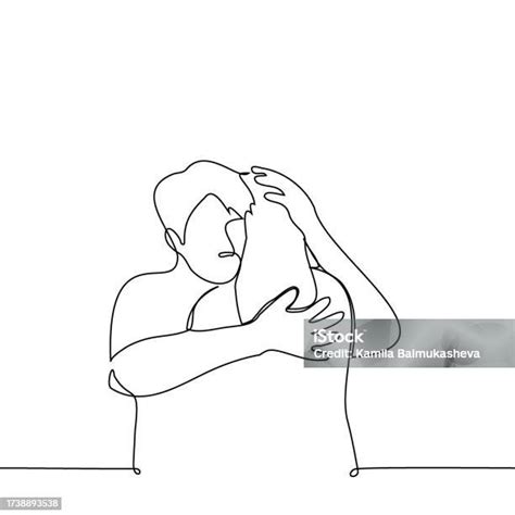Man Hugs Woman While Stroking Her Head One Line Art Vector Concept Hug