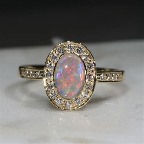 Natural Australian Crystal Opal And Diamond 18k Gold Ring Size 725