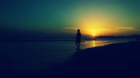 Man Is Walking Alone On Beach During Sunset Hd Alone Wallpapers Hd Wallpapers Id