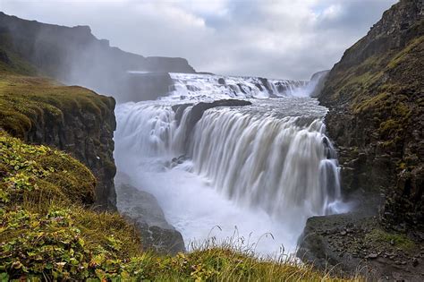 Gullfoss Waterfall Iceland Water Mountains River Cascade