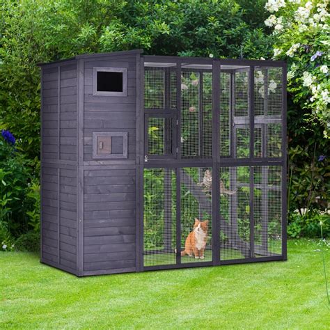 Pawhut Large Wooden Outdoor Cat House With Large Run For Play Catio